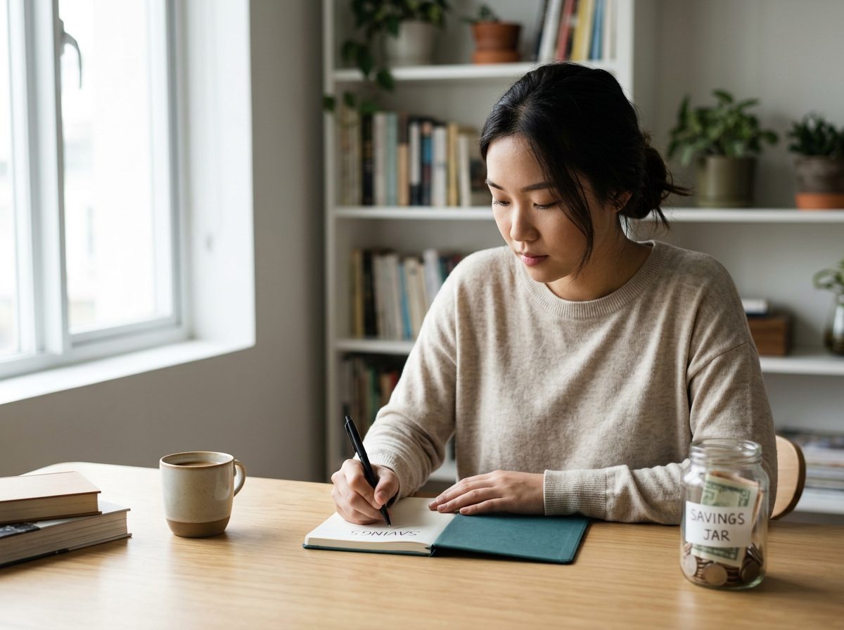 Young woman writing in a notebook at a desk